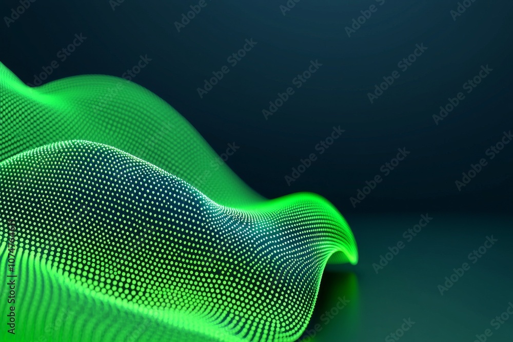 Poster an illustration of atomic science and quantum computing with glowing green atomic molecules and mesh