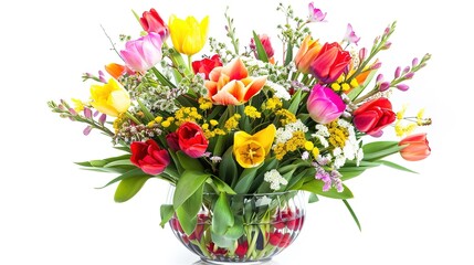 Flower Arrangement or Bouquet of Colorful Spring Flowers Isolated on White Background - a vibrant and delightful visual. The flower arrangement or bouquet of colorful spring flowers isolated on the 
