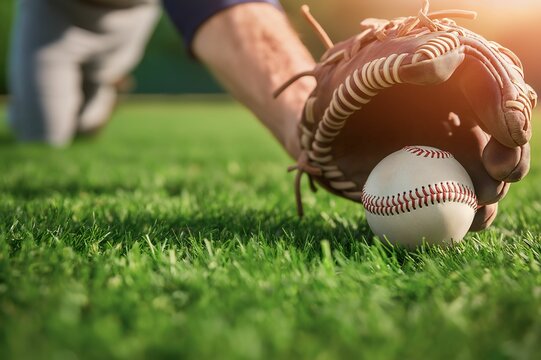 Catching a Baseball in a Glove on Grass Field