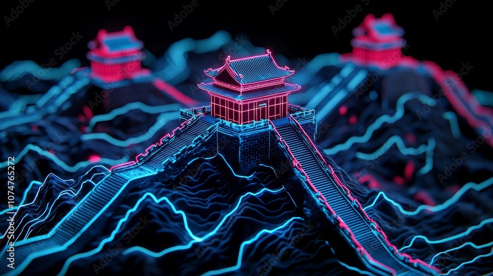 Poster wireframe hologram of ancient architecture infused with quantum energy