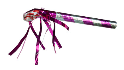 Side view of a purple red and white noisemaker