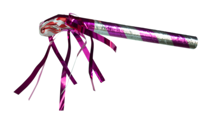 Side view of a purple red and white noisemaker