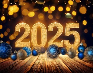 Happy New Year 2025. Symbol from number 2025 on wooden background