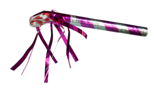 Side view of a purple red and white noisemaker