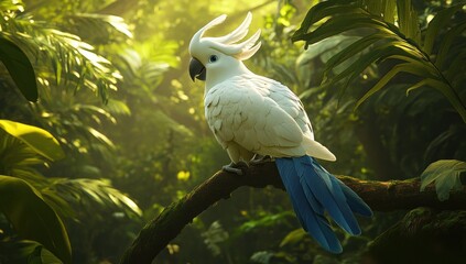 White Cockatoo in a Lush Tropical Forest