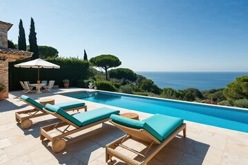 Fototapeta premium Stylish Poolside Chairs at a Mediterranean Villa with Breathtaking Sea Views in Vintage Design