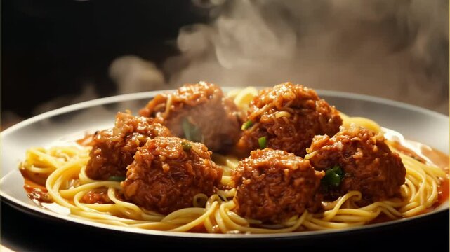 Close-up of meatballs on a bed of spaghetti with steam rising, capturing a warm, delicious atmosphere perfect for food, comfort, and Italian cuisine themes.