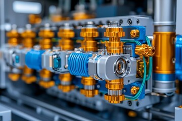 Fototapeta premium This image displays an intricate network of superconducting cables and glowing qubits, illustrating the intricate details of quantum computing technology.