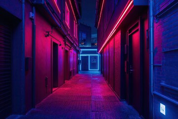 Neon Lit Dark Cyberpunk Alley Scene at Night
