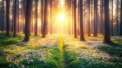 Fototapeta premium Serene Forest Pathway at Sunrise with Blooming Flowers