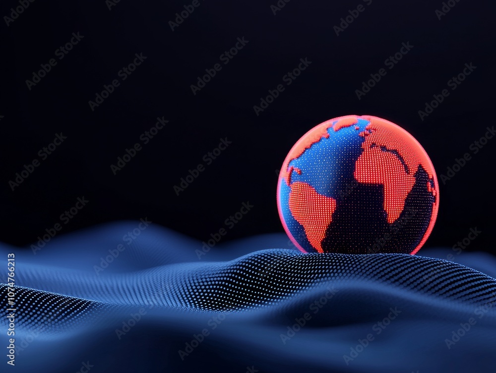 Poster digital landscape with a sphere of quantum superposition shining in the distance