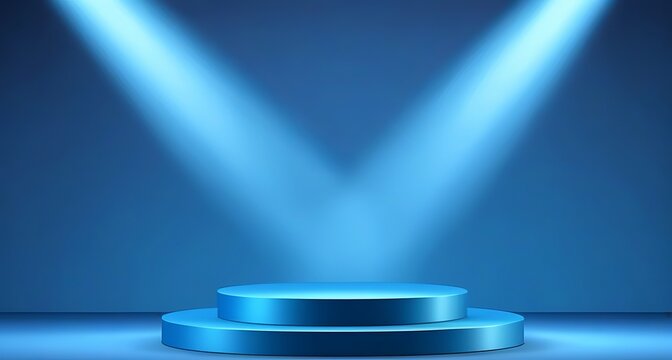 A blue podium on a blue background with spotlight, perfect for product presentation. Created with generative AI technology