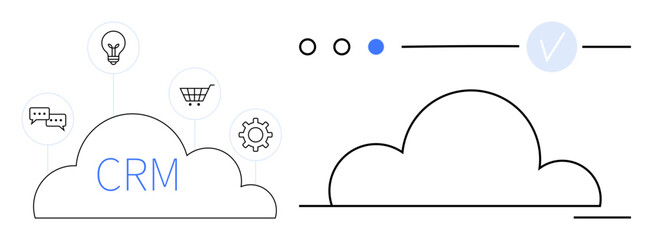 Cloud-based CRM system with icons for communication, light bulb, shopping cart, and gear. Ideal for business management, customer relationships, data storage, cloud computing, innovation real-time