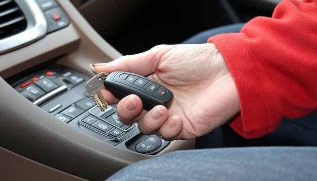 Womans Hand Inserts Key into Ignition, Ready to Start the Car, Emphasizing Automotive Security.