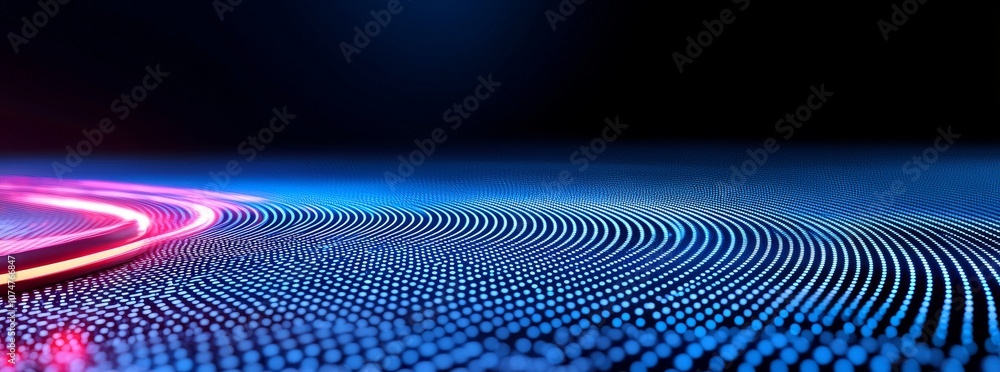 Poster in an abstract tech world with fiber optic connections, quantum computing, electronic global intelli
