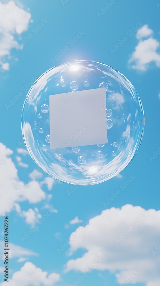 Aufkleber a square object enclosed in a transparent bubble with bubbles floating against a bright blue sky and