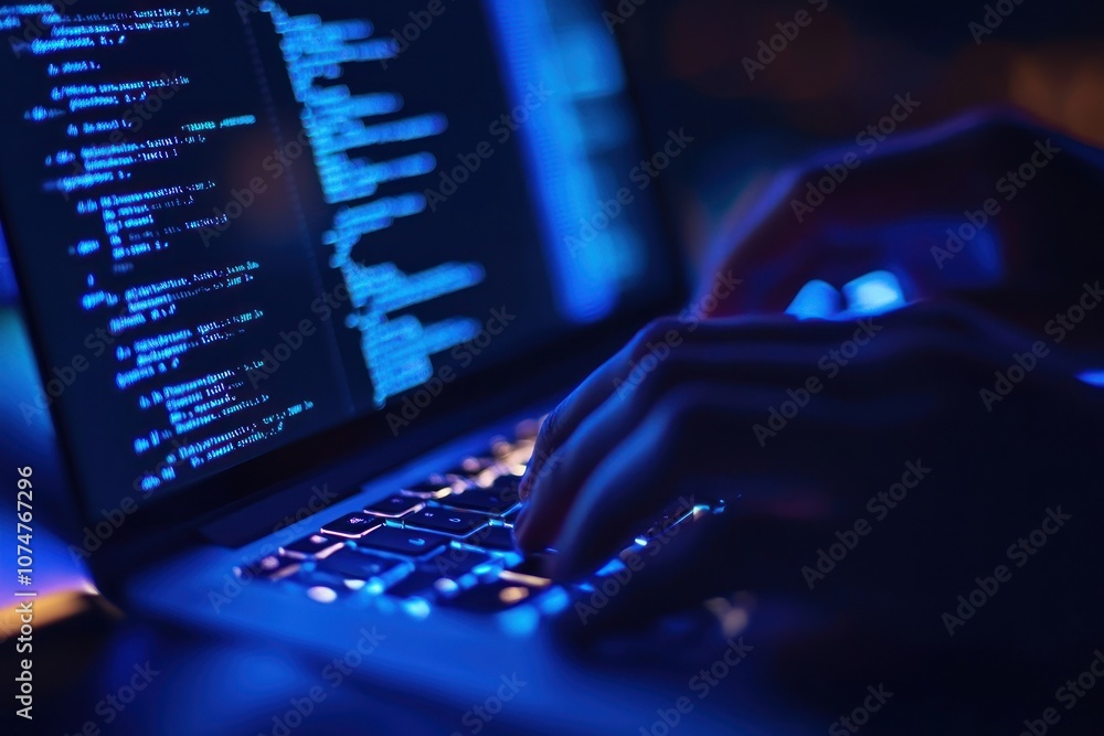 Poster real hand on laptop computer coding hands.