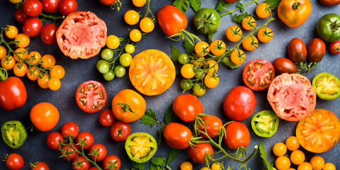 A large banner of colored tomatoes on a gray concrete background. Tomato background. Top view.
