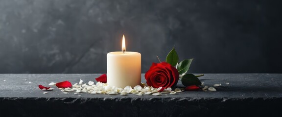 Elegant White Candle with Rose and Petals on Grey Stone – Serene Panoramic Background
