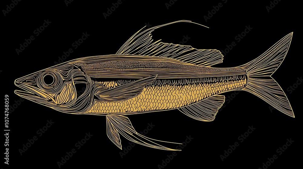 Poster detailed line art illustration of a fish featuring intricate patterns and texture in a black backgro