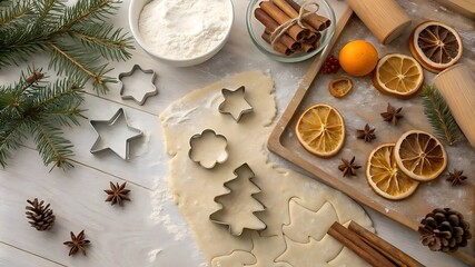 Fototapeta premium Holiday cookie baking setup featuring star and tree-shaped cookie cutters, flour, cinnamon sticks, and dried orange slices