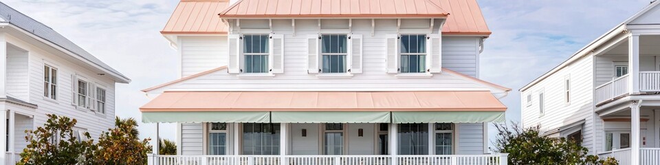 High-resolution sunny day photo of a luxury beach home with a ruby roof.