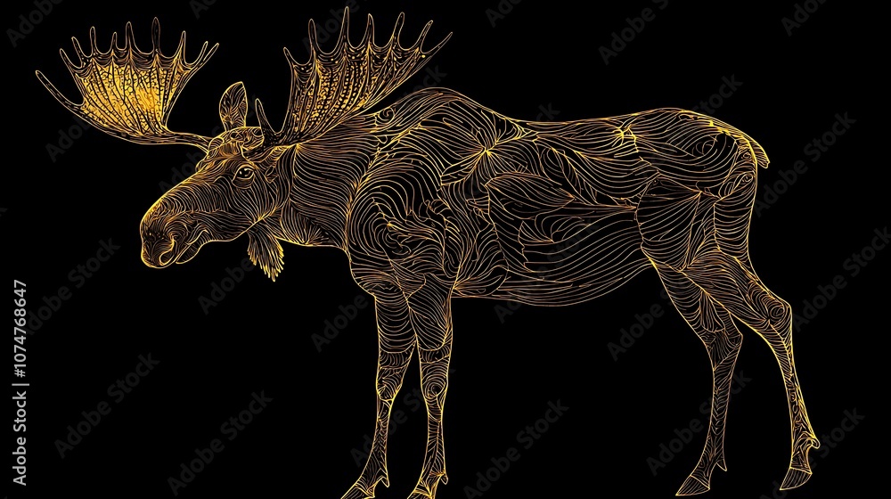 Poster Artistic Representation of a Moose in Outline Design Highlighting Muscular Features Against a Black Background with Vibrant Yellow Lines