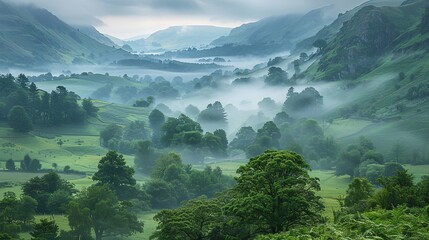 Misty Valley with Rolling Hills and Lush Greenery