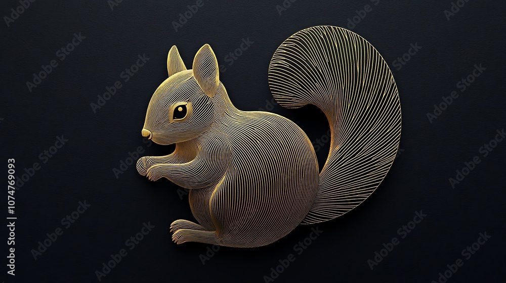 Poster intricately designed golden squirrel with stylized lines on a dark background perfect for artistic i