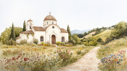 Fototapeta premium Tranquil countryside chapel surrounded by vibrant wildflowers and rolling hills