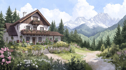 Cozy mountain cottage with alpine scenery and lush gardens