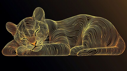 Sleeping Lioness in Artful Lines: A Serene Representation of Nature with Intricate Golden Stripes on a Dark Background
