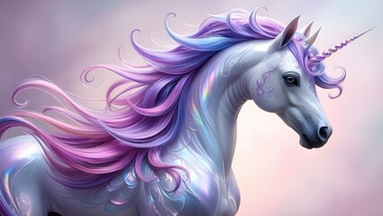 a majestic unicorn with a mesmerizing, flowing mane featuring a kaleidoscope of colors, predominantly purple, pink, and blue hues, that cascade down its neck and back
