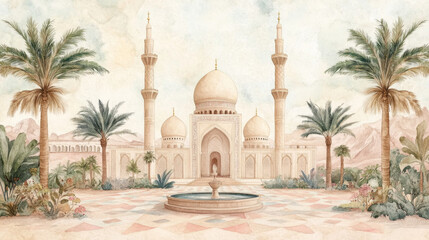 Naklejka premium Serene middle eastern mosque in watercolor with palm trees and fountain