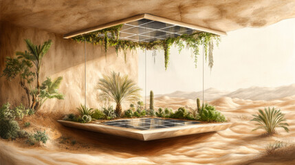 Fototapeta premium Desert oasis with solar-powered floating garden in a futuristic landscape