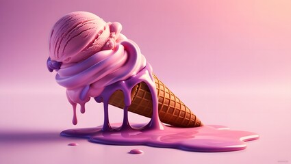 A vibrant, whimsical illustration of a melting ice cream cone, predominantly swirled with pastel pink and purple hues, creating a soft, dreamy effect. The cone, once upright, now tilts slightly to one