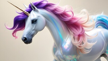 a majestic unicorn with a mesmerizing, flowing mane featuring a kaleidoscope of colors, predominantly purple, pink, and blue hues, that cascade down its neck and back