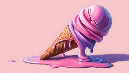 A vibrant, whimsical illustration of a melting ice cream cone, predominantly swirled with pastel pink and purple hues, creating a soft, dreamy effect. The cone, once upright, now tilts slightly to one
