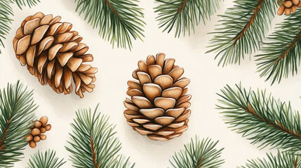 Fototapeta premium Christmas background with a floral pattern of pine tree branches and cones, arranged in a flat lay style on a white background.