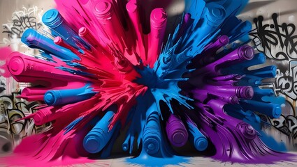 Vibrant graffiti art explodes with cool, bold colors - hot pink, electric blue, and rich purple - covering three-dimensional walls that seem to jump out of the surface, with intricate textures .