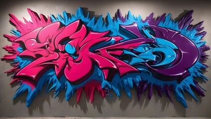 Vibrant graffiti art explodes with cool, bold colors - hot pink, electric blue, and rich purple - covering three-dimensional walls that seem to jump out of the surface, with intricate textures .
