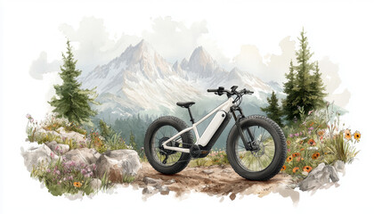 Obraz premium Modern ebike adventure amidst mountainous nature with wildflowers and scenic backdrop