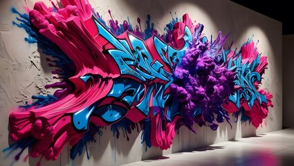 Vibrant graffiti art explodes with cool, bold colors - hot pink, electric blue, and rich purple - covering three-dimensional walls that seem to jump out of the surface, with intricate textures .