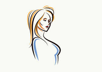 Beauty young woman face vector illustration, logo look like drawing for cosmetology or skincare or cosmetics brand, classic style emblem.