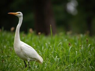Obraz premium The elegant white bird, with its striking long neck and bright orange beak, stands amidst rich green grass, showcasing its natural beauty in the peaceful environment