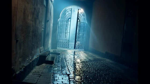 mysterious arch, all in smoke, a back light, mystery doorway place background