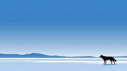 Serene Landscape with a Lone Wolf Silhouette on a Frosty Shore Under a Clear Blue Sky Evoking Tranquility and Wilderness in Nature&rsquo;s Beauty