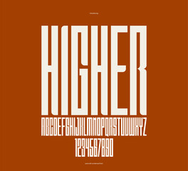 Bold simple sans serif display font for logos headers or slogans, vector thick and heavy geometric typeface, uppercase letters alphabet with numbers, tall and condensed version.