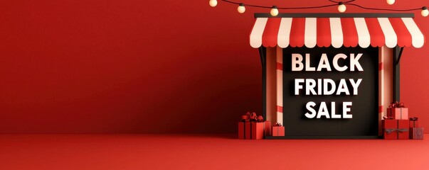 A vibrant display showcasing a "Black Friday Sale" with festive decorations, emphasizing excitement for shopping deals against a bold red backdrop.