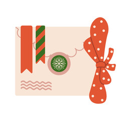 Christmas envelope with stickers and ribbons flat color vector object. Green wax seal adds privacy illustration on white background